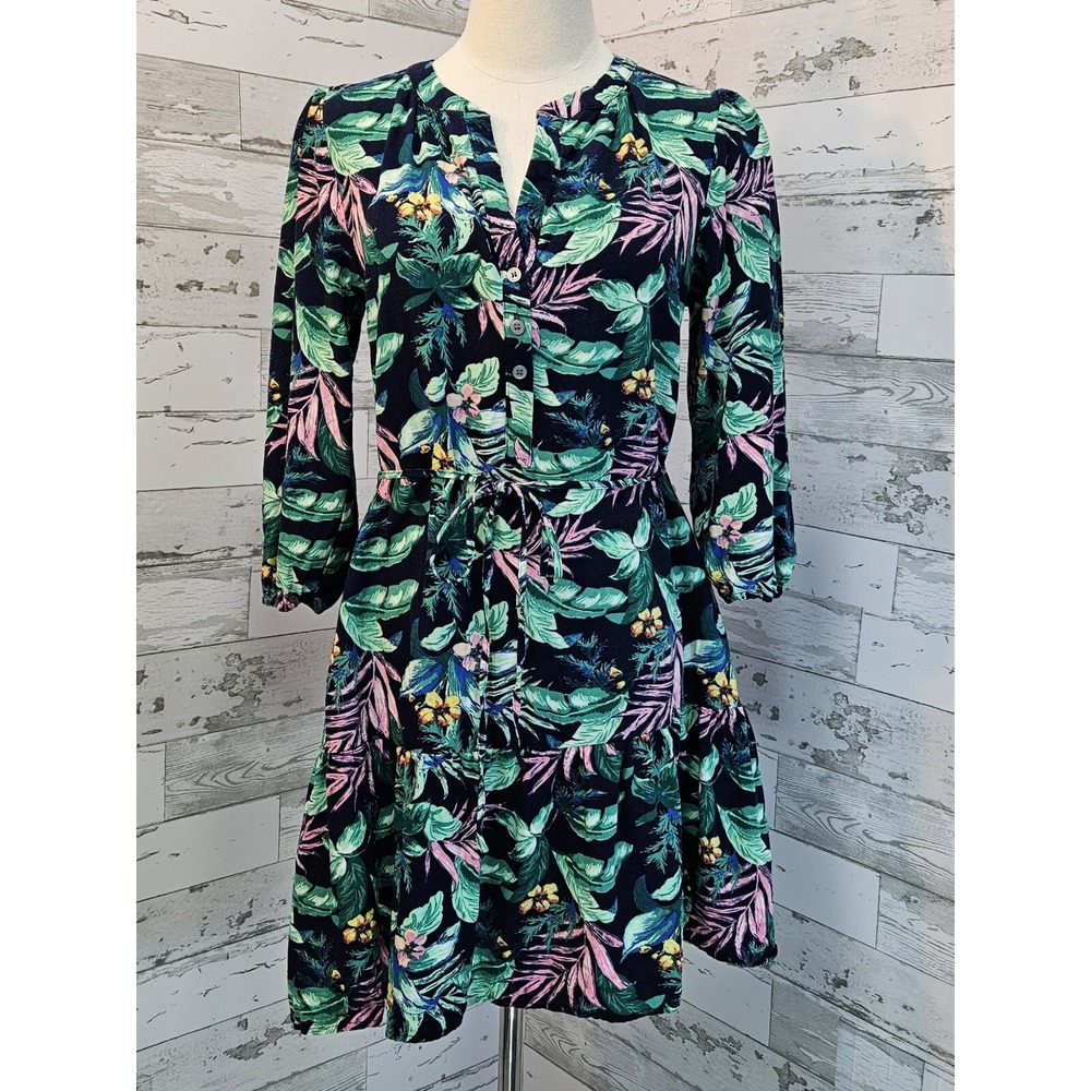Loft Palm Henley Flounce Shirtdress Small Belted 3/4 Sleeves Green Tropical